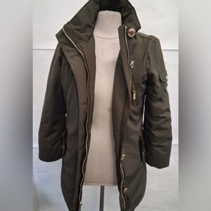 Michael Kors Anorak Down Jacket in olive green with gold-tone hardware.
